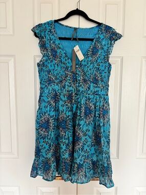 Anthropologie Blue Floral Smocked V-Neck Mini Dress